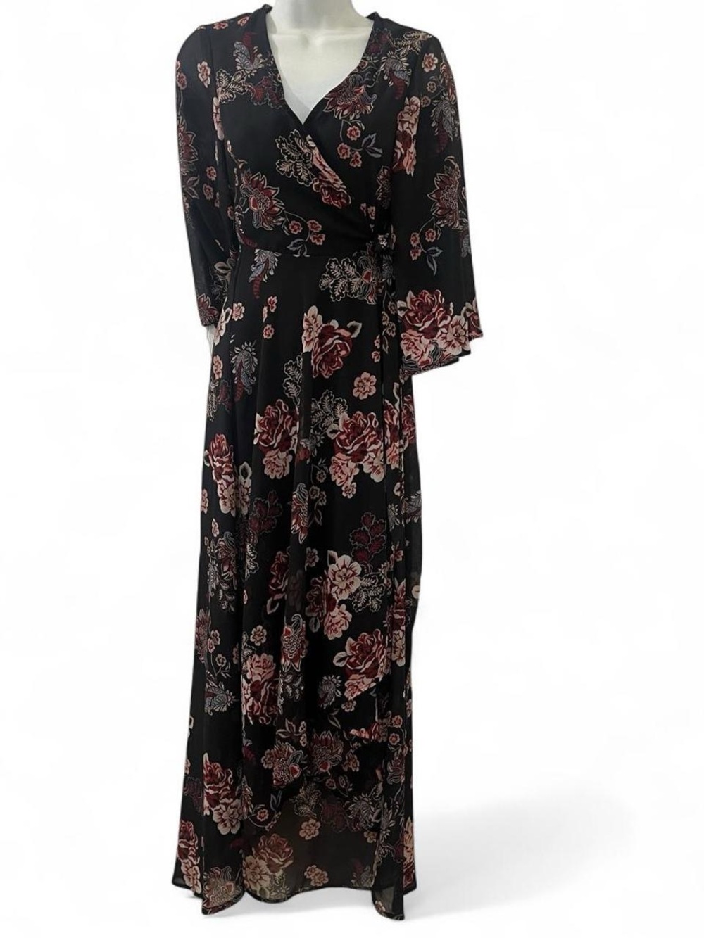 Japna brown Floral Wrap Midi Dress with Pink and Cream Accents